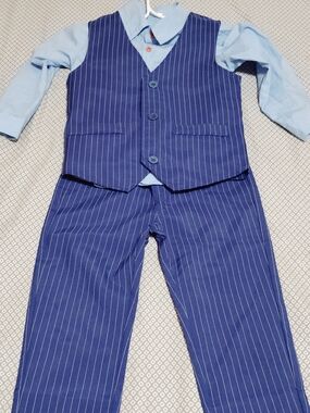 Boys Navy Pinstripe Vest & Pants Suit Set with Light Blue Shirt